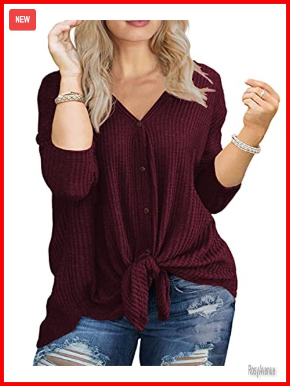 Plus Size Waffle Knit Long Sleeve V Neck Tunic Top